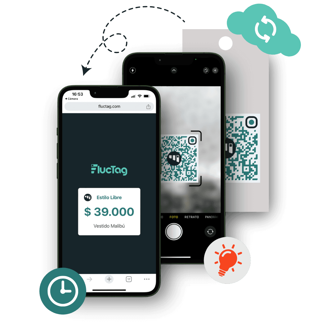 Componente web de fluctag que permite imprimir QR, junto con una ilustracion de una etiqueta con un código QR pegado.