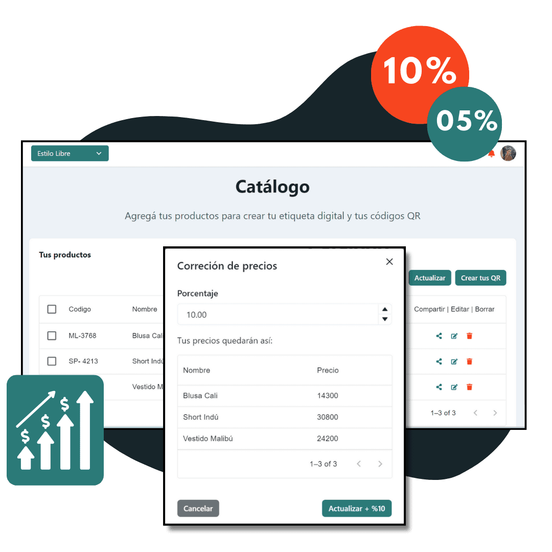 Componente web de fluctag muestra tabla con productos, donde se actualiza el precio desde la grilla.