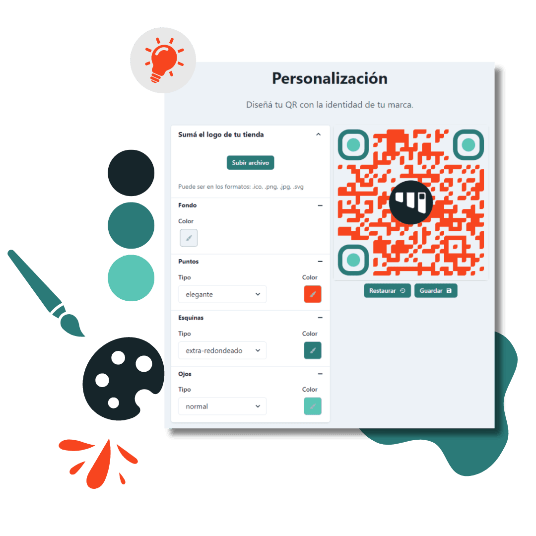 Componente web de fluctag que permite crear un QR personalizado, subir logo, modificar colores, y forma.
